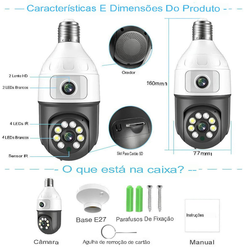 🛡️ Câmera de Segurança Wifi Dupla-Lentes Lâmpada Visão Noturna 360 ICSEE 🛡️