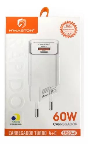 🔌 Carregador de Tomada Turbo 60W Fonte USB e USB Tipo C LR23 - 4 + Cabo Tipo C 60W 📱 - Techguia