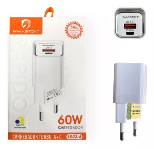 🔌 Carregador de Tomada Turbo 60W Fonte USB e USB Tipo C LR23 - 4 + Cabo Tipo C 60W 📱 - Techguia