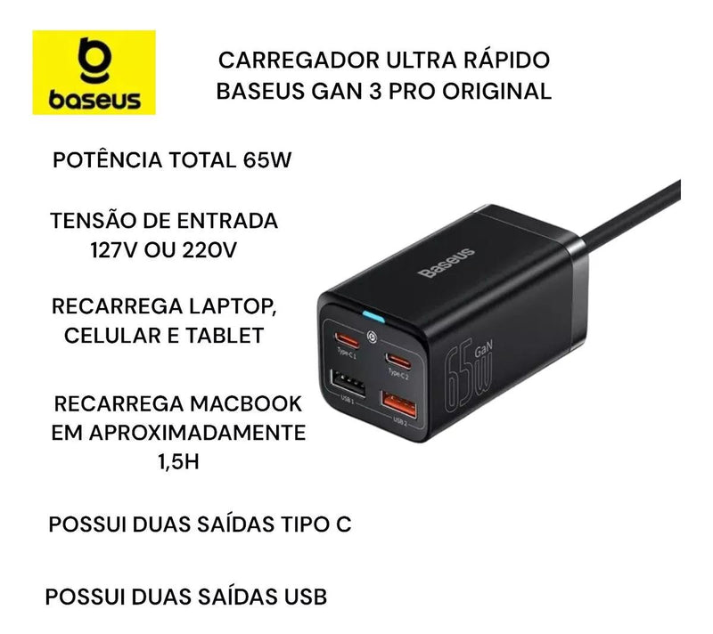 Carregador Portátil Turbo Tipo C Original Baseus GaN3 65w Com Fio Iphone Samsung - Techguia