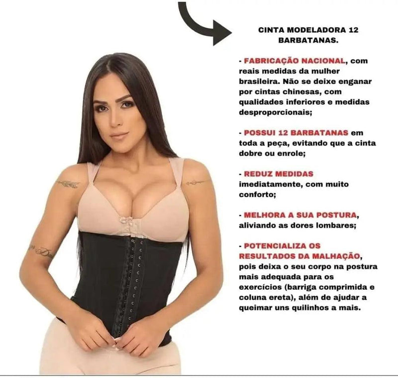 Cinta Modeladora Feminina 12 Barbatanas Redutora Abdominal Preta - Techguia